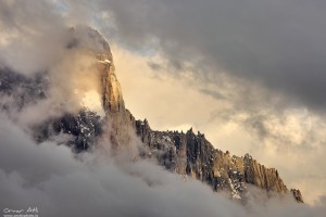 Aiguille du Dru near Chamonix, France in Clouds