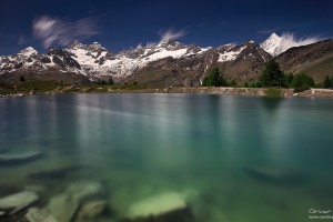 The peaks of Ober Gabelhorn, Zinalrothorn and Weisshorn above Grunsee near Zermatt, Switzerland