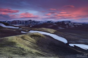 Sunset over Landmannalaugar area.