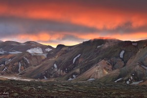 Bursting colors of sunset over Landmannalaugar.